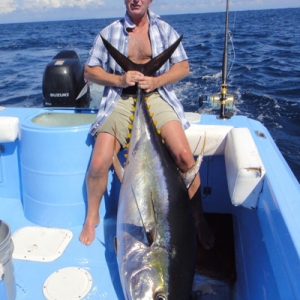 Patrick Villefranche a vécu un gros combat à Golfito lorsque ce thon yellowfin a tenté de lui vider le moulinet ! Capture faite avec l’organisation Costa Rica Pêche Passion